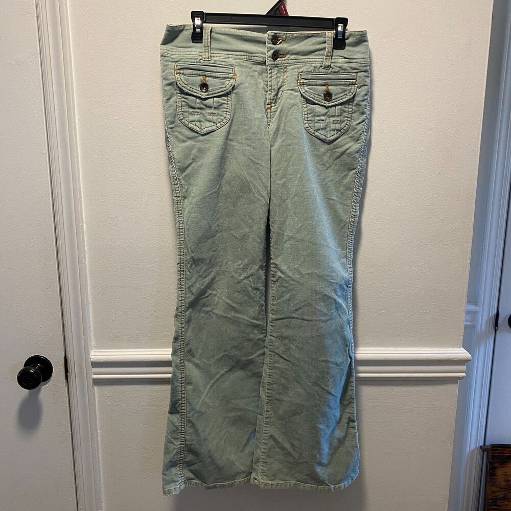 Vintage Y2K GLO Green Corduroy Pants Women’s Juniors 9 Flare Pockets 2000s